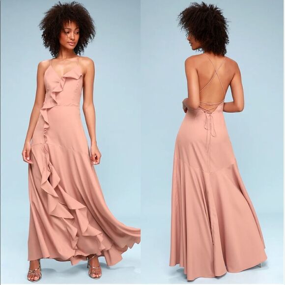 NEW ✨ Lulu’s Selmah Mauve Ruffled Lace-Up Maxi Dress M - Picture 1 of 13
